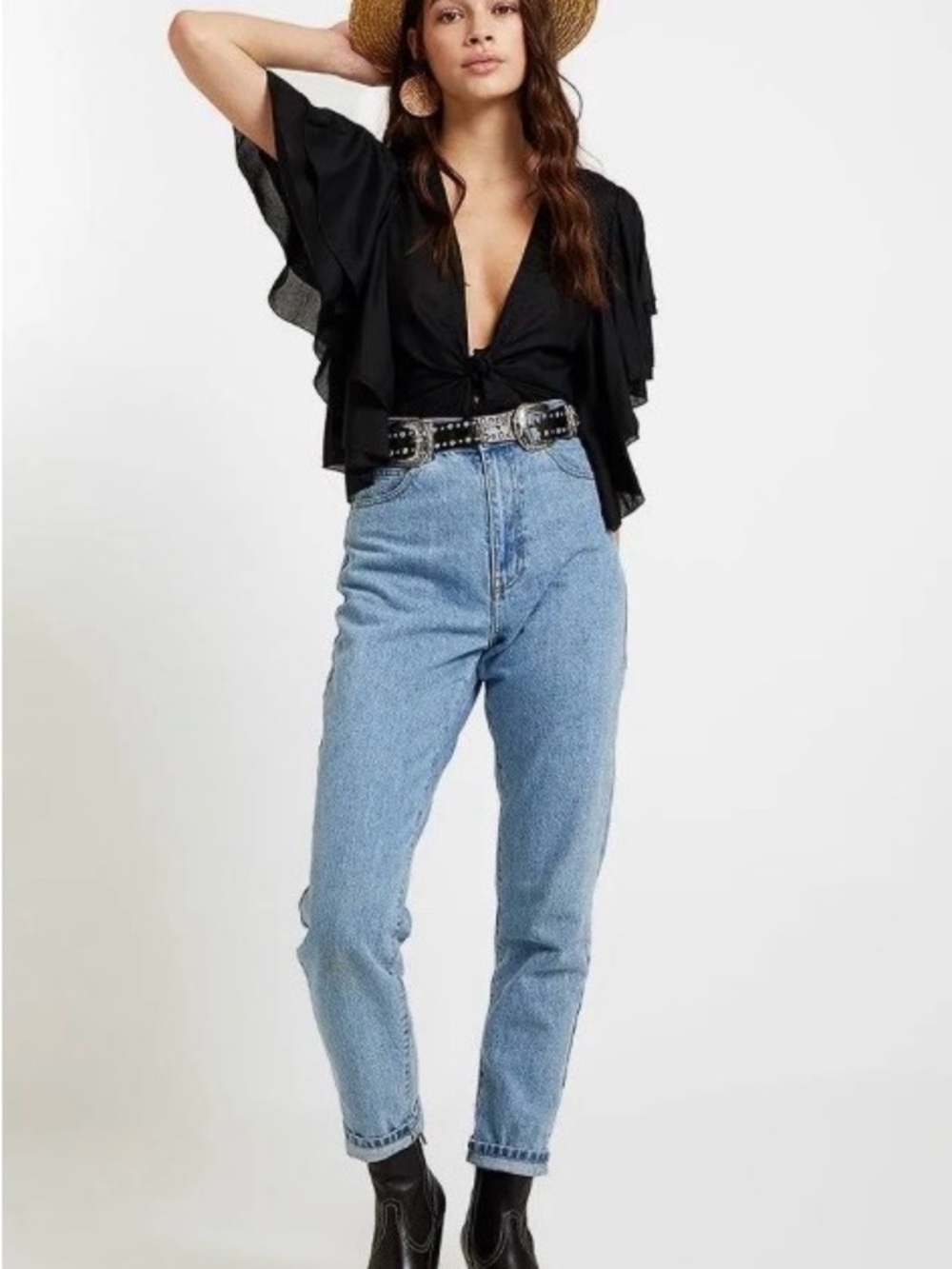 Free People " Call Me Later" Blue ,Short ,Flutter Sleeve , Tie-Front Bodysuit